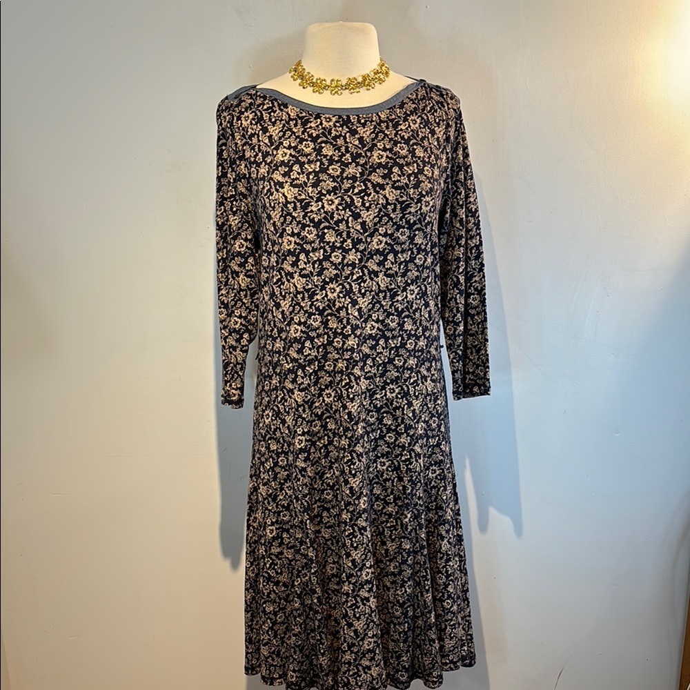 Vintage Ralph Lauren navy/tan floral fit & flare midi dress size large - Picture 2 of 13